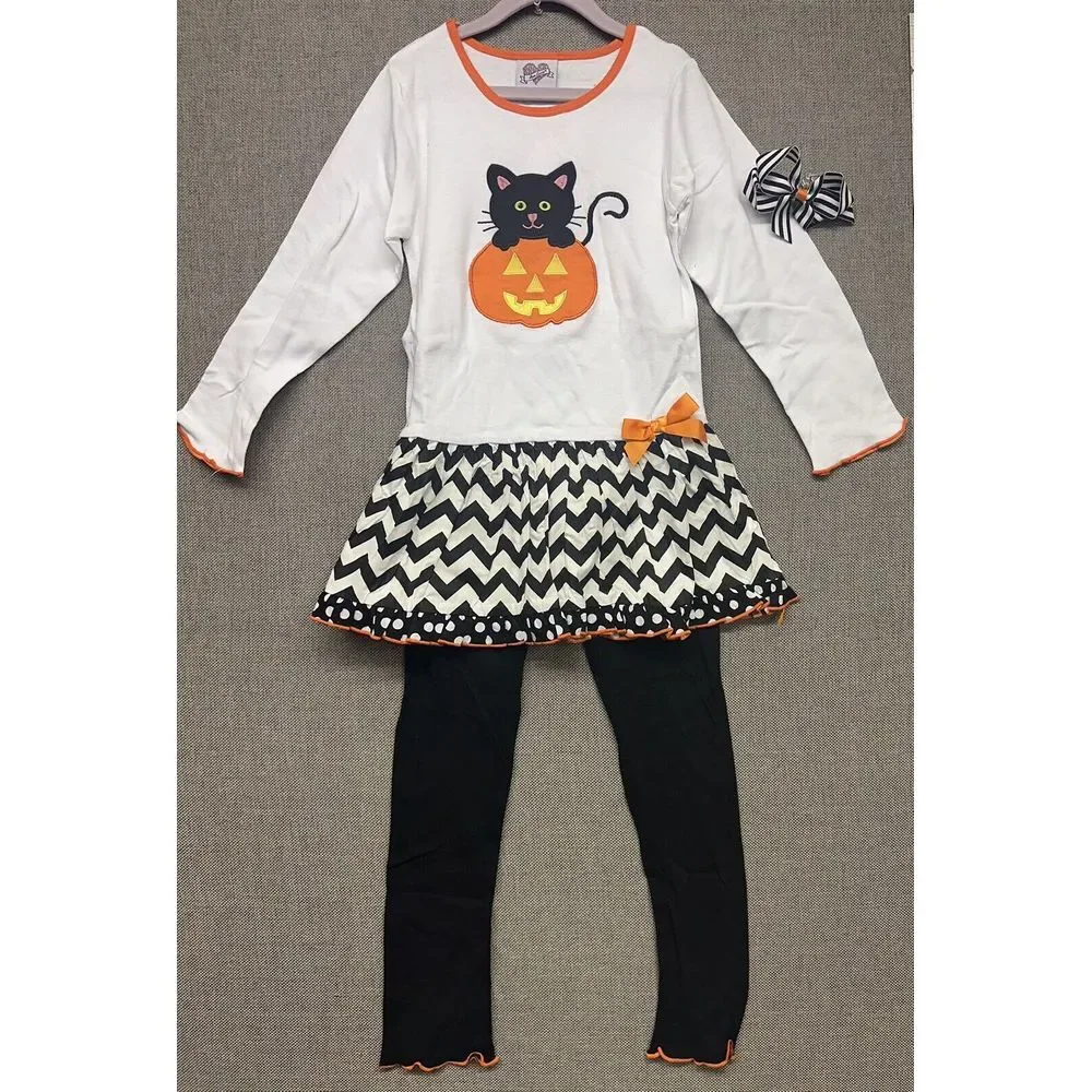 BNWT Ann Loren Halloween Black Cat In Pumpkin‎ Dress Pants Set Girls Size 7/8